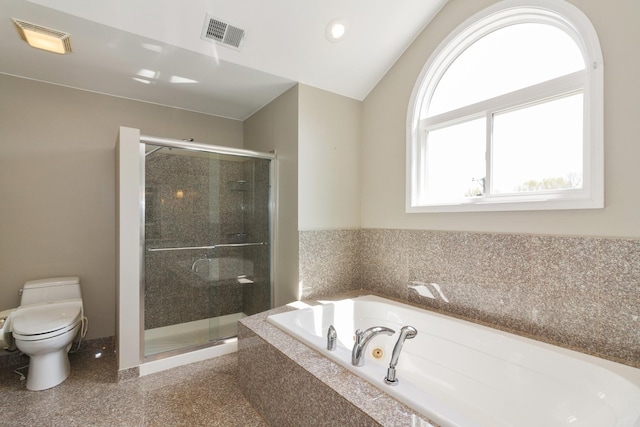 full bath featuring a bath, visible vents, a shower stall, and toilet