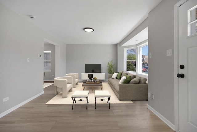 living room featuring wood finished floors and baseboards