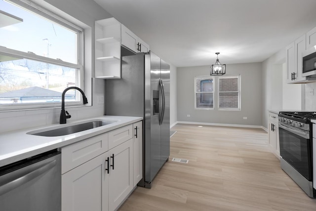 kitchen featuring visible vents, a sink, white cabinets, appliances with stainless steel finishes, and light wood-type flooring