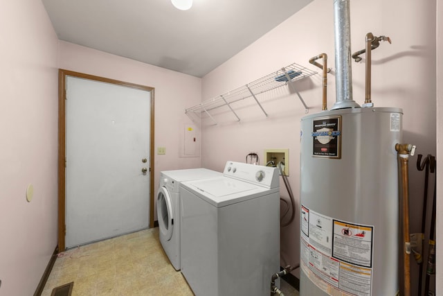 washroom with visible vents, washing machine and dryer, gas water heater, light floors, and laundry area