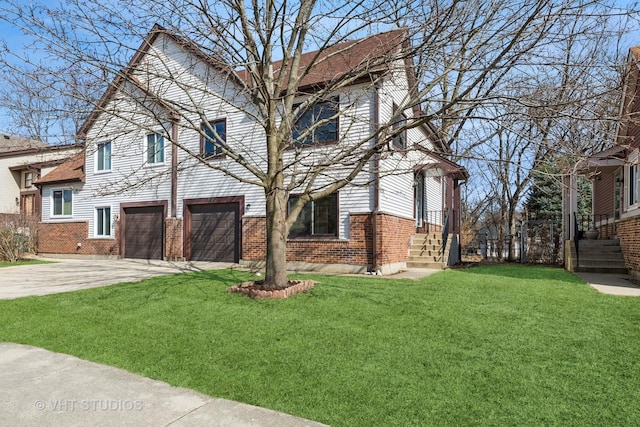 view of front of home featuring brick siding, an attached garage, concrete driveway, and a front yard