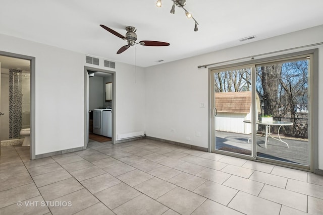 unfurnished room featuring visible vents, baseboards, and ceiling fan