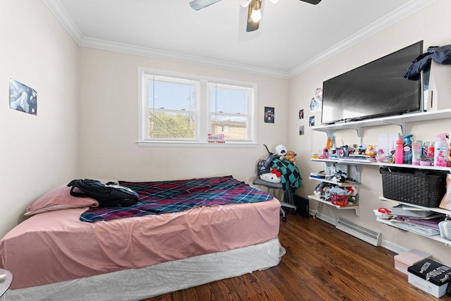 bedroom featuring ceiling fan, baseboards, wood finished floors, and crown molding