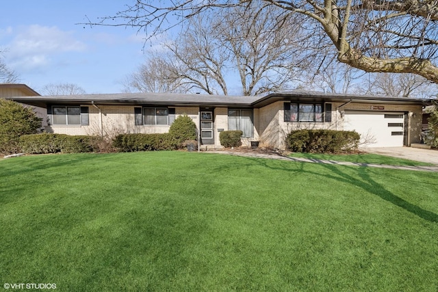 view of front of property featuring a garage, brick siding, concrete driveway, and a front yard