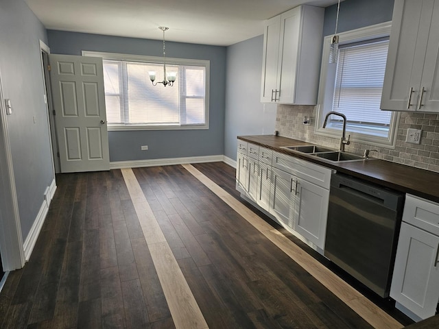 kitchen featuring a sink, dark wood finished floors, decorative backsplash, baseboards, and dishwasher