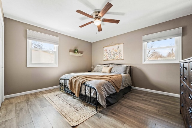 bedroom with baseboards, multiple windows, and wood finished floors