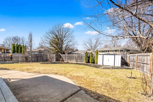 view of yard with a fenced backyard, a shed, a patio, and an outdoor structure