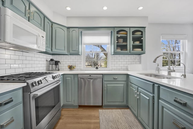 kitchen with a sink, light countertops, a healthy amount of sunlight, and stainless steel appliances