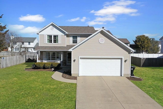 traditional-style house featuring covered porch, driveway, a front yard, and fence