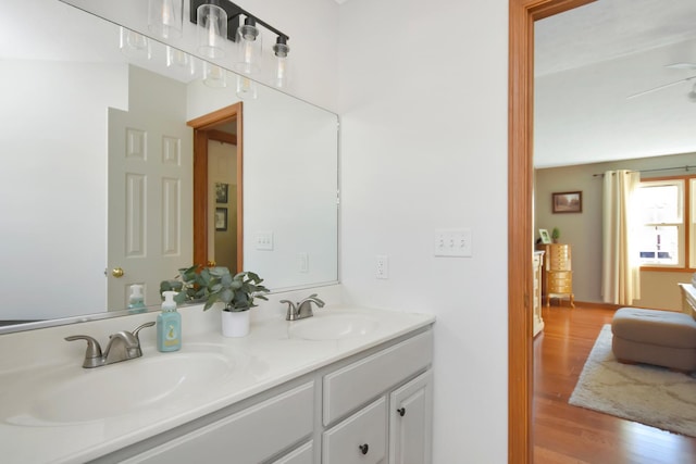 bathroom featuring double vanity, wood finished floors, and a sink