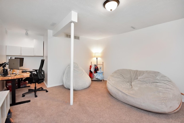 home office featuring visible vents, light carpet, and baseboards