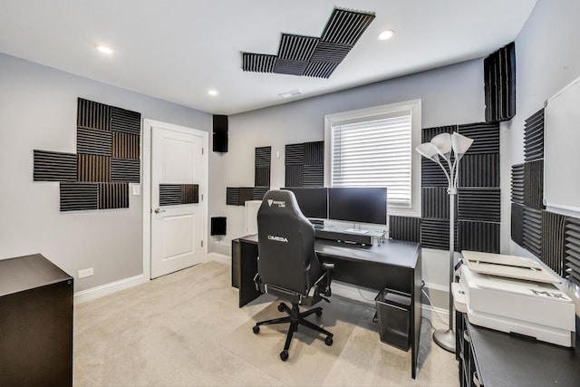 carpeted office featuring recessed lighting and baseboards