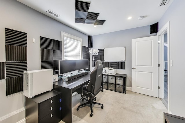 office area featuring recessed lighting, visible vents, carpet flooring, and baseboards