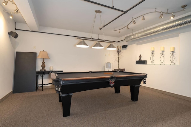 playroom with baseboards, carpet floors, and pool table