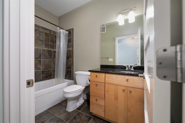 full bathroom with visible vents, toilet, shower / tub combo with curtain, tile patterned floors, and vanity