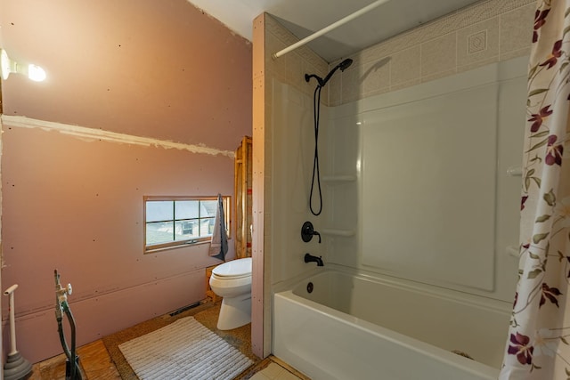 full bath featuring shower / bathtub combination with curtain, toilet, and visible vents