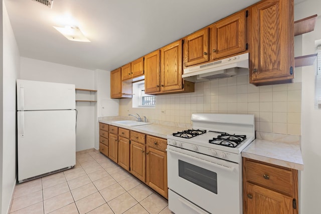 4556 N Newcastle Ave, Harwood Heights, IL 60706 - kitchen featuring white appliances, under cabinet range hood, a sink, light countertops, and tasteful backsplash