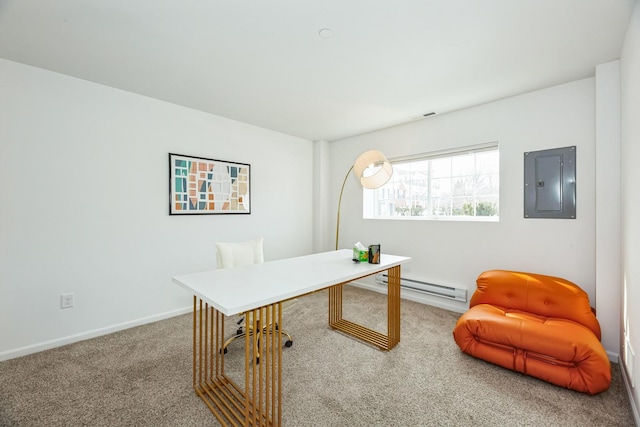 carpeted office space featuring electric panel, a baseboard heating unit, baseboards, and visible vents