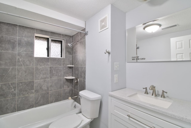 bathroom with visible vents, a textured ceiling, toilet, and shower / bathtub combination