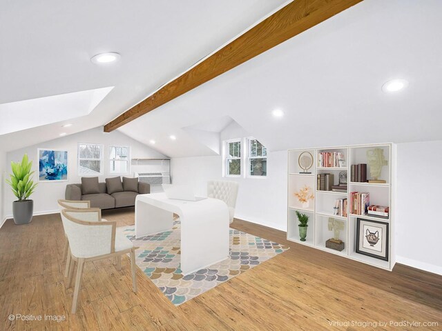 living room featuring recessed lighting, baseboards, lofted ceiling with skylight, and wood finished floors