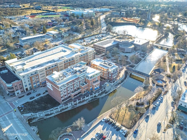 bird's eye view with a water view