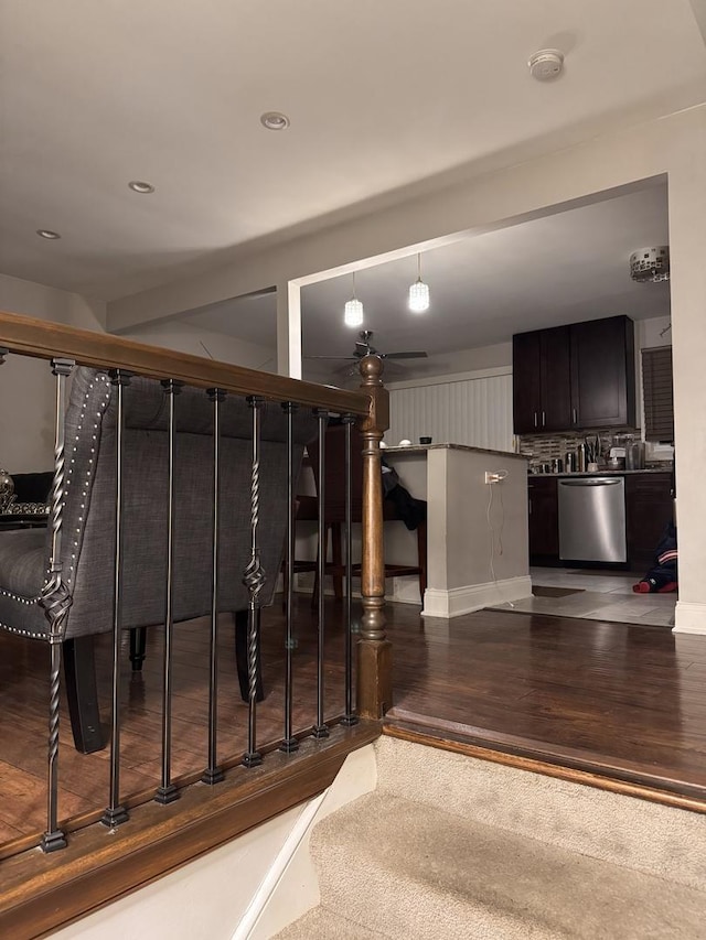 stairs featuring recessed lighting, ceiling fan, and wood finished floors