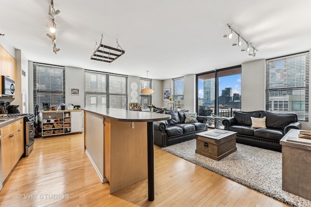 kitchen featuring light wood-type flooring, a kitchen island, dark countertops, open floor plan, and stainless steel range with gas stovetop