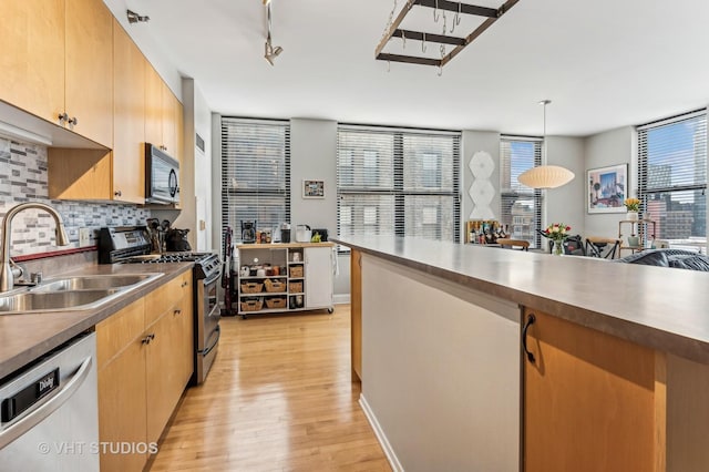 kitchen with a wealth of natural light, decorative backsplash, stainless steel appliances, and a sink