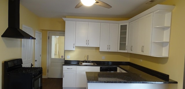 kitchen featuring ventilation hood, gas stove, open shelves, a sink, and white cabinets