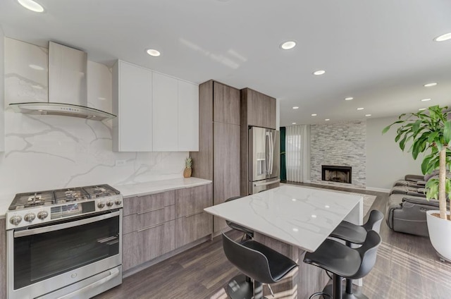 kitchen with stainless steel appliances, a large fireplace, modern cabinets, and wall chimney range hood