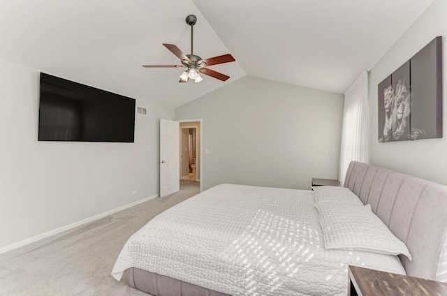 bedroom with visible vents, light carpet, lofted ceiling, baseboards, and ceiling fan