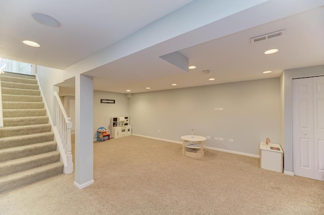 playroom with recessed lighting, visible vents, carpet floors, and baseboards