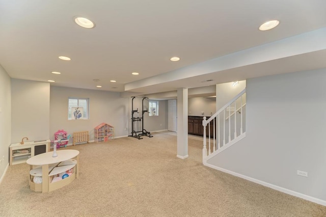 rec room with recessed lighting, carpet, and baseboards