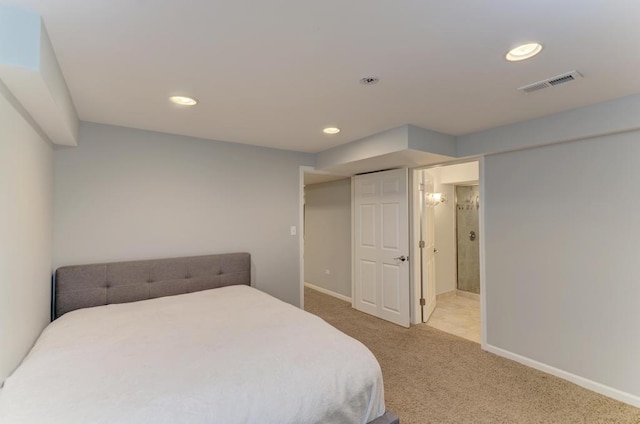 bedroom with recessed lighting, visible vents, carpet floors, and baseboards