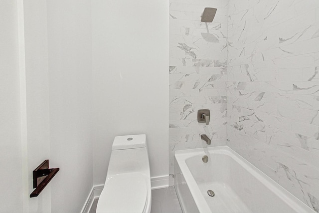 bathroom featuring toilet,  shower combination, and baseboards