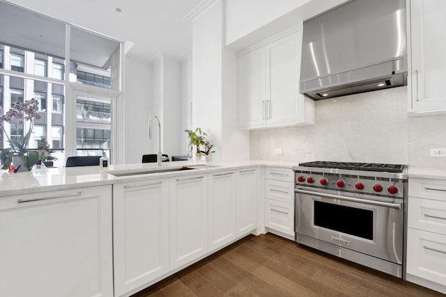 kitchen featuring dark wood-type flooring, a sink, designer stove, wall chimney range hood, and decorative backsplash