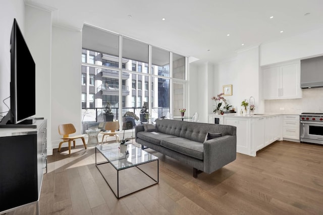 living room featuring a wall of windows, recessed lighting, wood finished floors, and ornamental molding