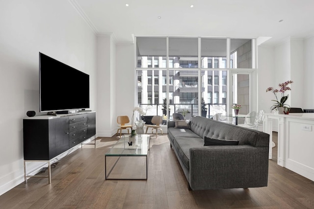 living room featuring a wall of windows, wood finished floors, and crown molding