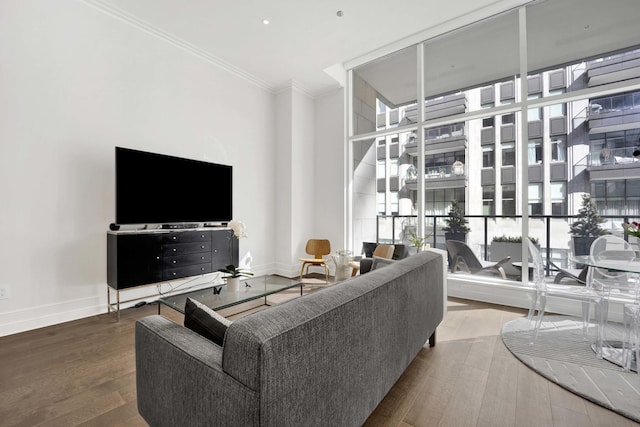 living room featuring floor to ceiling windows, wood finished floors, baseboards, and ornamental molding