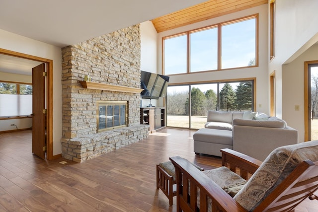 living room featuring a stone fireplace, wood finished floors, baseboards, and a wealth of natural light