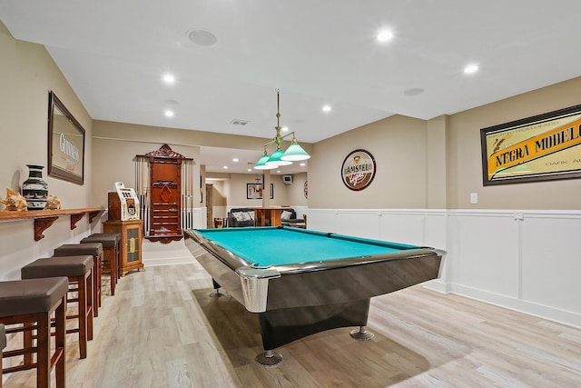 game room with pool table, recessed lighting, light wood finished floors, and wainscoting