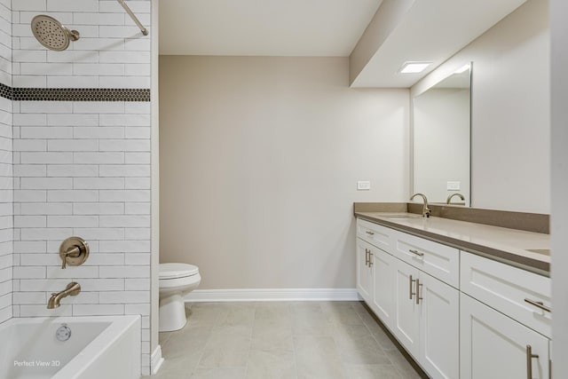 full bathroom with toilet, vanity, shower / bath combination, and baseboards