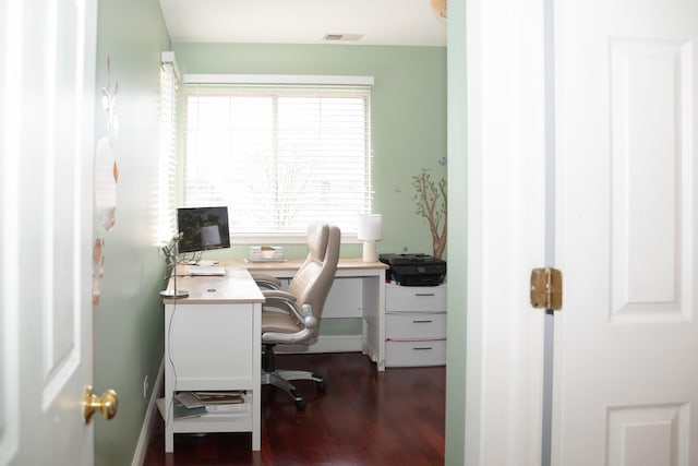 office area with visible vents and wood finished floors