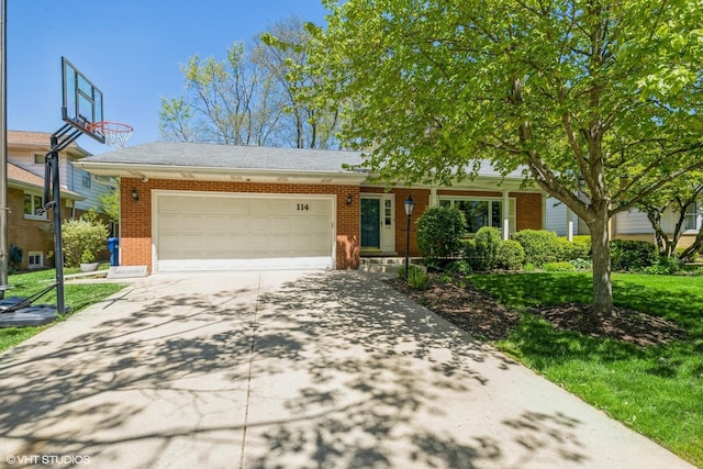 ranch-style home featuring a garage, brick siding, concrete driveway, and a front lawn