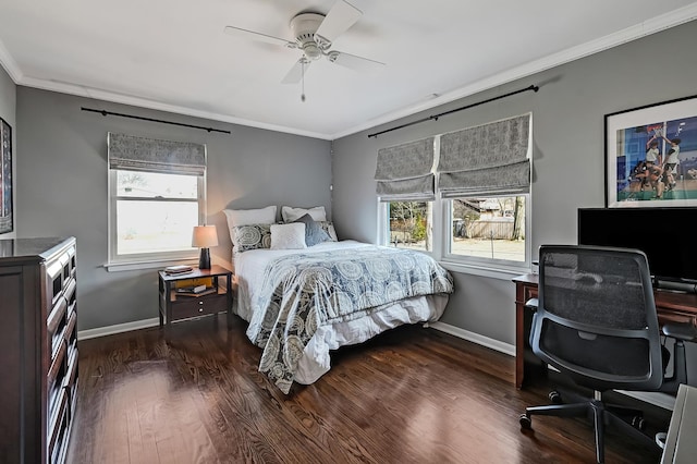 bedroom featuring multiple windows, crown molding, and wood finished floors