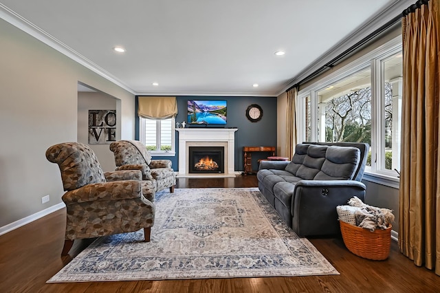 living area featuring dark wood finished floors, ornamental molding, baseboards, and a lit fireplace