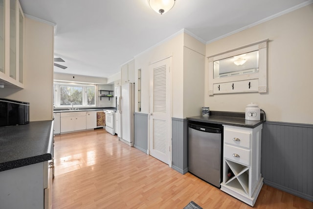 4708 Lawn Ave, Western Springs, IL 60558 - kitchen featuring light wood-style floors, open shelves, dark countertops, and white appliances