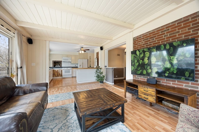 4708 Lawn Ave, Western Springs, IL 60558 - living room with light wood-style flooring, beamed ceiling, and ceiling fan