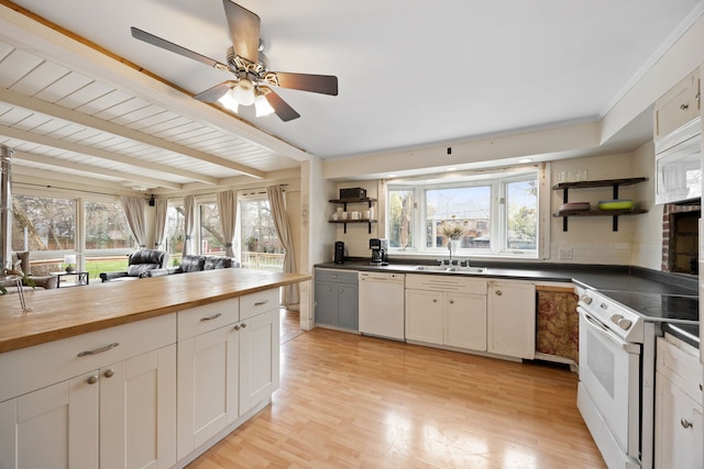 4708 Lawn Ave, Western Springs, IL 60558 - kitchen featuring light wood-type flooring, white appliances, open shelves, butcher block counters, and a sink