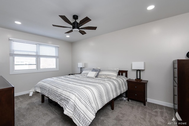 bedroom featuring carpet flooring, recessed lighting, and baseboards